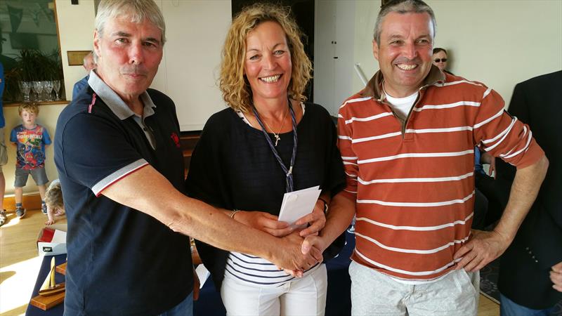 Neil Cramer Skerries SC Treasurer (left), Hermine O'Keeffe, 3rd placed crew (centre) and Mick Creighton, 3rd placed helm at the Irish Fireball Leinsters photo copyright Frank Miller taken at Skerries Sailing Club and featuring the Fireball class