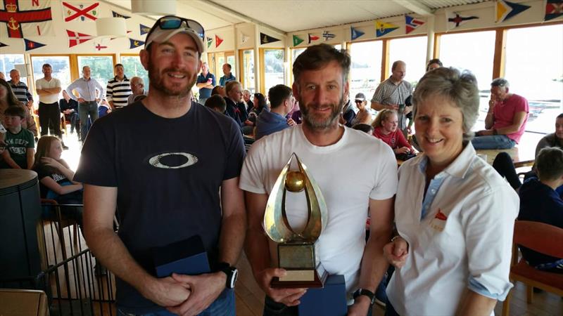 Champions Simon Revill & Noel Butler with Ann Atkinson, Rear Commodore LDYC, at the Irish Fireball Nationals prize giving photo copyright Frank Miller taken at Lough Derg Yacht Club and featuring the Fireball class