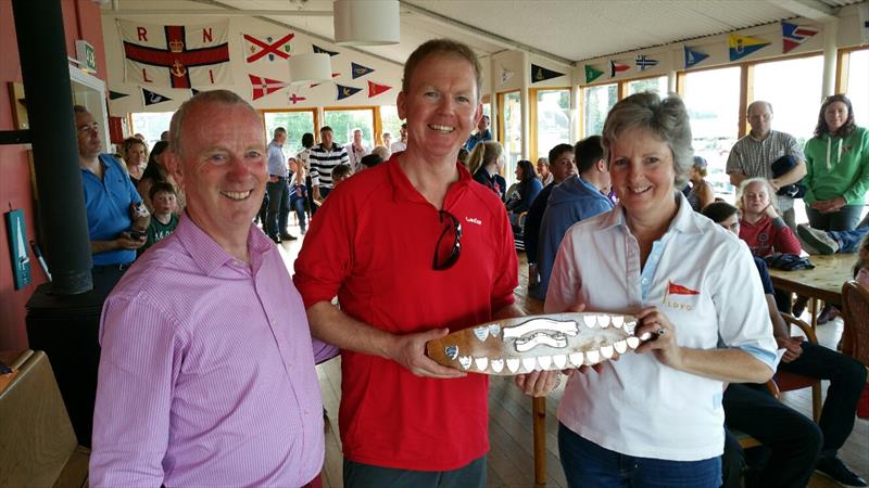Grattan Donnelly & Joe O'Reilly, 2nd in the Silver Fleet, with Ann Atkinson, Rear Commodore LDYC, at the Irish Fireball Nationals prize giving photo copyright Frank Miller taken at Lough Derg Yacht Club and featuring the Fireball class