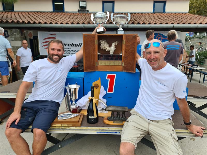 Tom Gillard and Andy Thompson with their trophy haul after winning the Fireball Europeans at Portorož, Slovenia photo copyright Frank Miller taken at Jadralni Klub Pirat and featuring the Fireball class