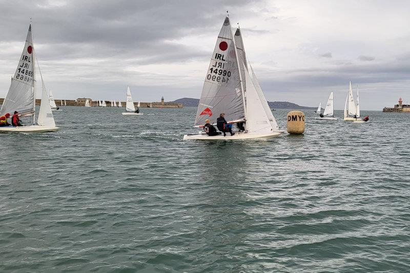 A tight weather mark rounding for Alastair Court & Gordon Syme (hidden) and Frank Miller & Caroul (14990), with Owen Sinnott & Grattan Donnelly (14865) ready to take advantage of any mistakes - Viking Marine DMYC Frostbite Series 1 final day - photo © Ian Cutliffe