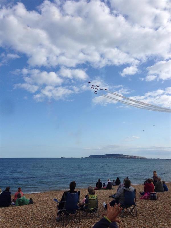 Red Arrow fly past at the GJW Direct Firefly nationals in Weymouth photo copyright Lucy Boreham taken at Weymouth Sailing Club and featuring the Firefly class
