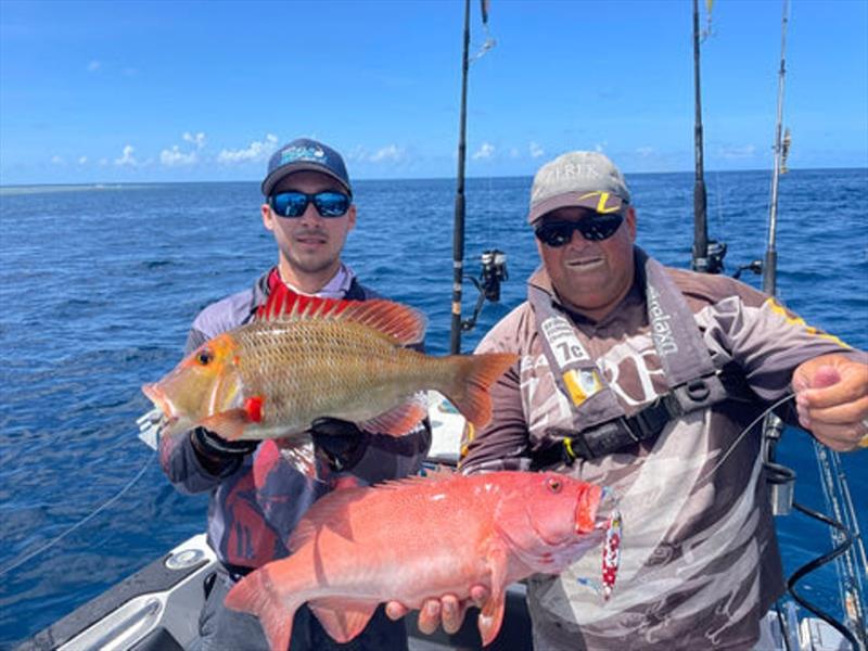 Dane and Dicko with a very common double hook-up. Zerek Live Shrimps and Mustad Wingman jigs are essential lures for Swains trips photo copyright Fisho's Tackle World taken at  and featuring the Fishing boat class