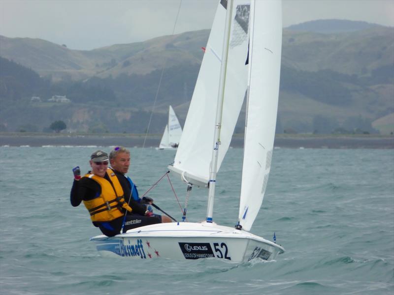David Zorn & Graeme Robinson finish on day 2 of the Flying Fifteen Worlds at Napier photo copyright Jonny Fullerton taken at Napier Sailing Club and featuring the Flying Fifteen class