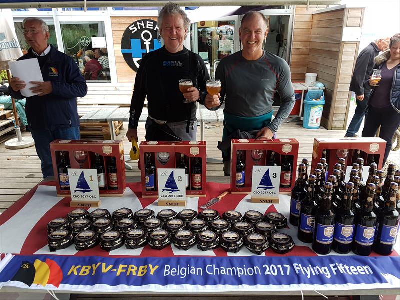 John and Bruce enjoying a Chimay beer before presentations at the Flying Fifteen Belgium Nationals photo copyright John Hassen taken at Sports Nautiques de l'Eau d'Heure and featuring the Flying Fifteen class