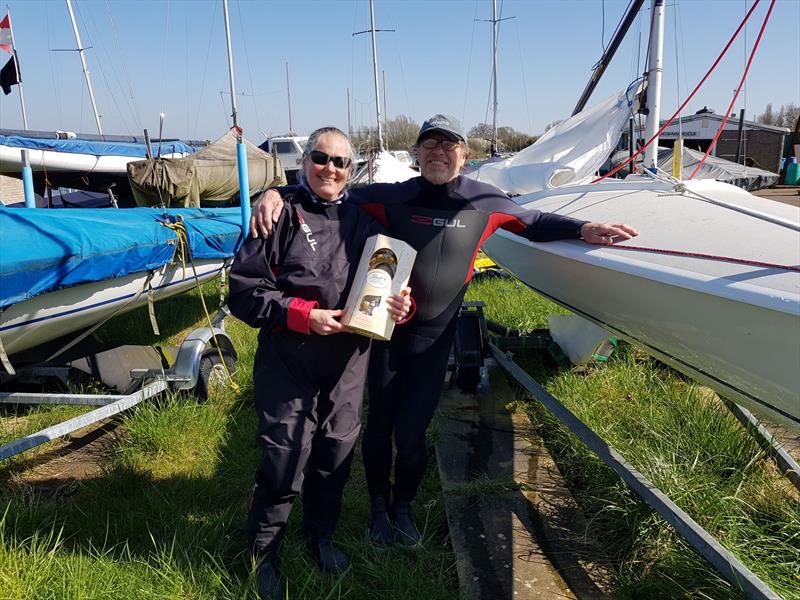 Les Rant and Susie Sontag won the Easter Egg draw at the Grafham Water SC Restart Series photo copyright Simon Wigmore taken at Grafham Water Sailing Club and featuring the Flying Fifteen class