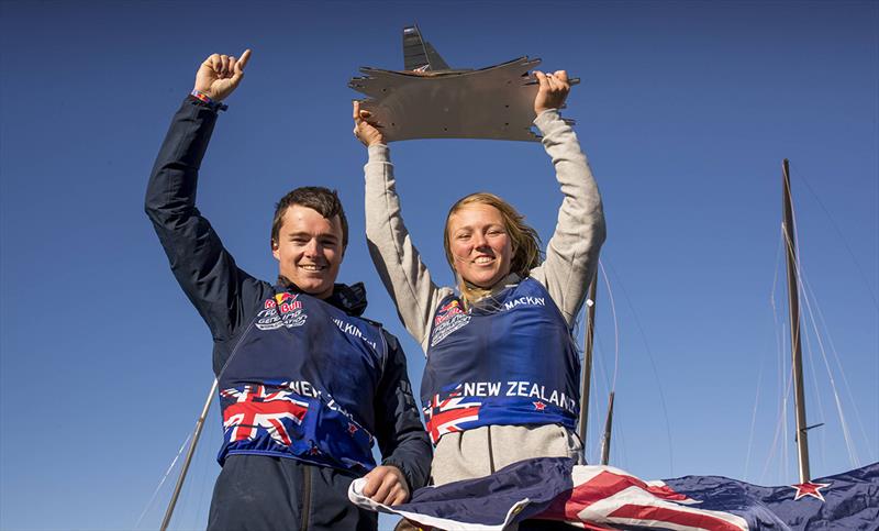 Event winners from New Zealand Micah Wilkinson and Olivia Mackay pose with their trophy at the Red Bull Foiling Generation World Finals, at Newport, RI, USA on 23 October, 2016 photo copyright Onne van der Wal / Red Bull Content Pool taken at Royal New Zealand Yacht Squadron and featuring the Flying Phantom class