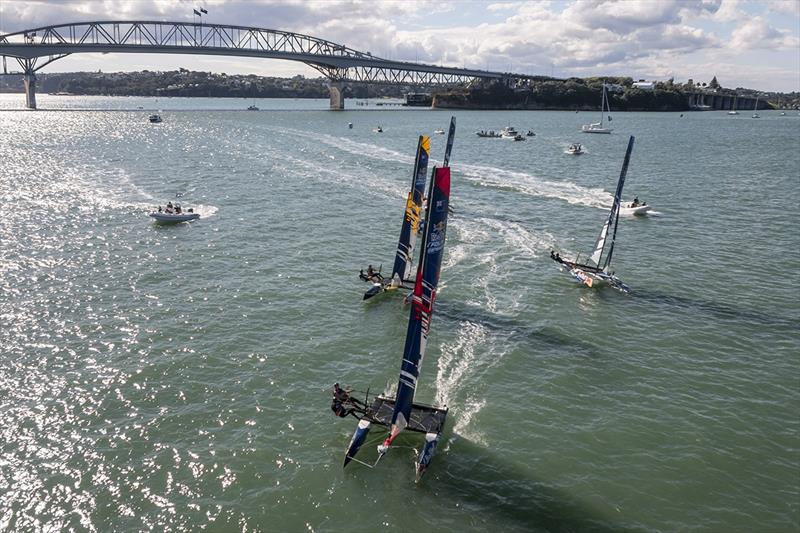 Young Sailors race during Foiling Generation heats on the Waitemata Harbour in Auckland, New Zealand on March 5, 2016 photo copyright Graeme Murray / Red Bull Content Pool taken at Royal New Zealand Yacht Squadron and featuring the Flying Phantom class