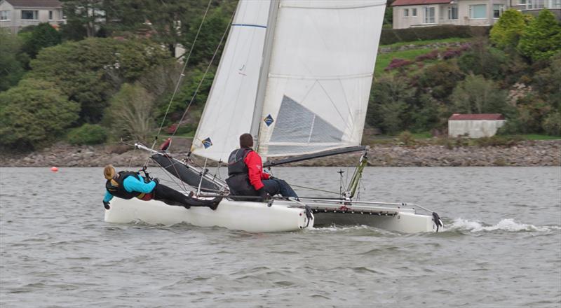 Nicola McColm, butler of the Solway YC virtual stand, at full stretch on Dad Scott's Formula 18 catamaran photo copyright John Sproat taken at Solway Yacht Club and featuring the Formula 18 class