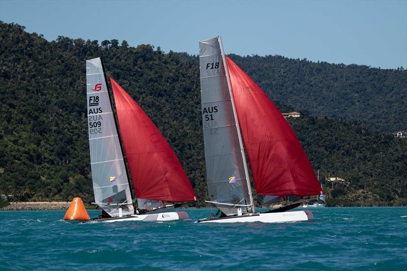 Two of a kind in the F18s - Airlie Beach Race Week photo copyright Shirley Wodson taken at Whitsunday Sailing Club and featuring the Formula 18 class