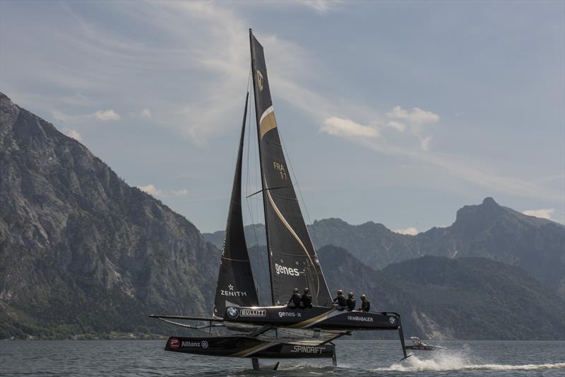 Spindrift racing at pace on day 1 of the GC32 Austria Cup photo copyright Guilain Grenier / Bullitt GC32 Racing Tour taken at  and featuring the GC32 class