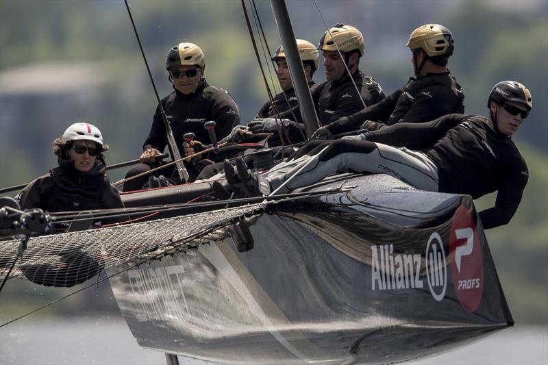 Spindrift racing led the first running of race four by a leg until the wind disappeared on day 1 of the GC32 Austria Cup photo copyright Guilain Grenier / Bullitt GC32 Racing Tour taken at  and featuring the GC32 class