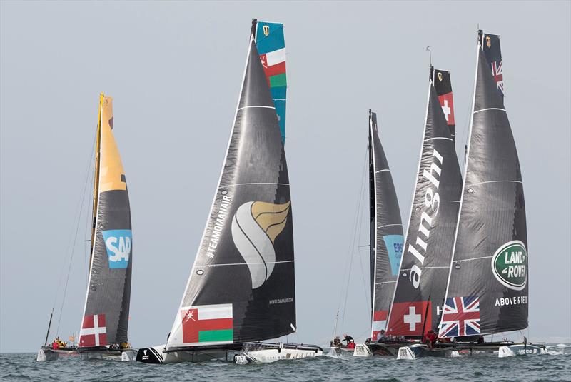 Oman Air ahead of the fleet on day 2 at Extreme Sailing Series™ Act 1, Muscat photo copyright Lloyd Images taken at Oman Sail and featuring the GC32 class