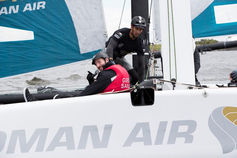 Cardiff Blues rugby star Alex Cuthbert joins Oman Air for a ride on day 3 of Extreme Sailing Series™ Act 3 in Cardiff Bay photo copyright Lloyd Images taken at  and featuring the GC32 class