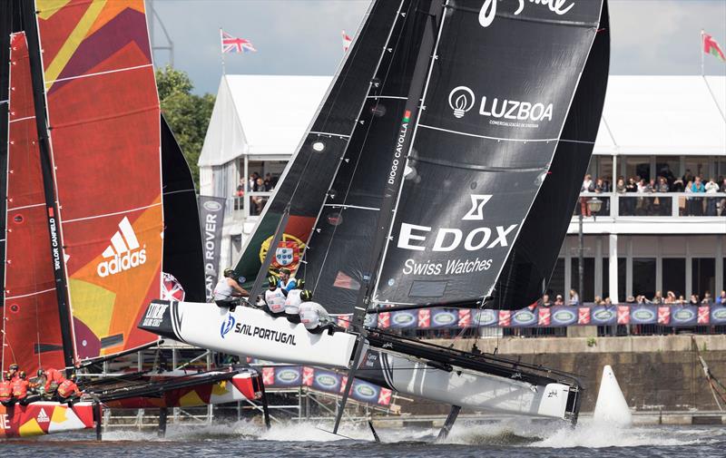 Sail Portugal and CHINA One charge across the finish line on day 3 of Extreme Sailing Series™ Act 3 in Cardiff Bay - photo © Lloyd Images