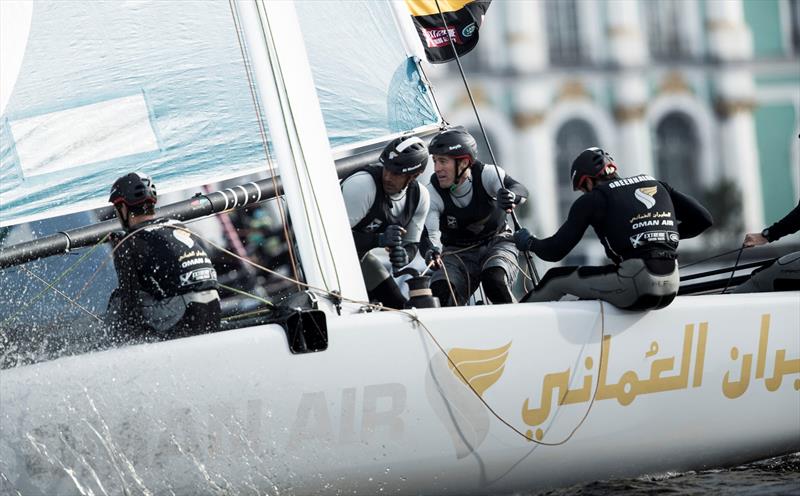 In seven tense races on St Petersburg's Neva River, Oman Air only finished outside of the podium twice on day 2 of  Extreme Sailing Series™ Act 5, St Petersburg photo copyright Lloyd Images taken at  and featuring the GC32 class