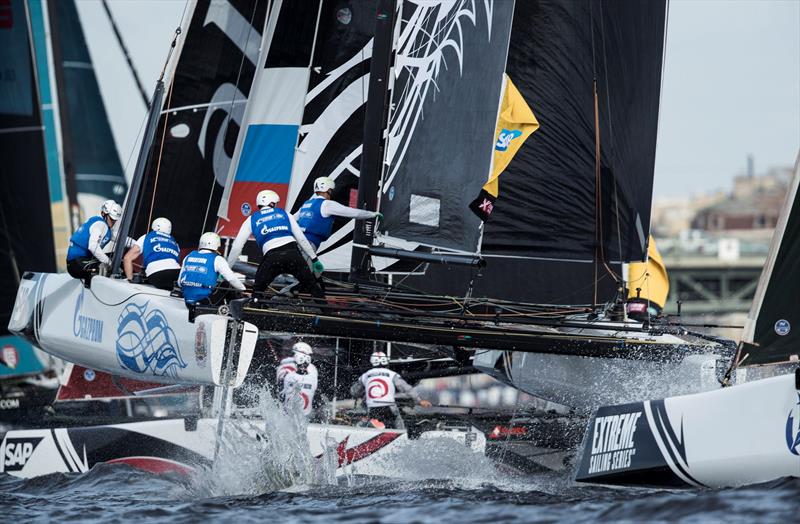 Wild cards Gazprom Team Russia, led by New Zealander Phil Robertson, scored their first win on day 2 of  Extreme Sailing Series™ Act 5, St Petersburg photo copyright Lloyd Images taken at  and featuring the GC32 class