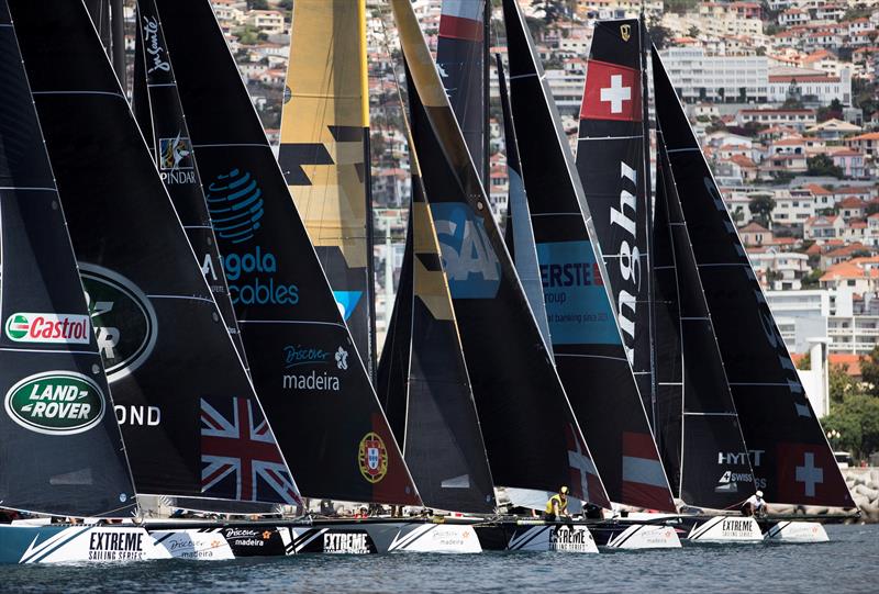 The fleet line up for a start on day 4 of Extreme Sailing Series™ Act 6, Madeira Islands photo copyright Lloyd Images taken at  and featuring the GC32 class