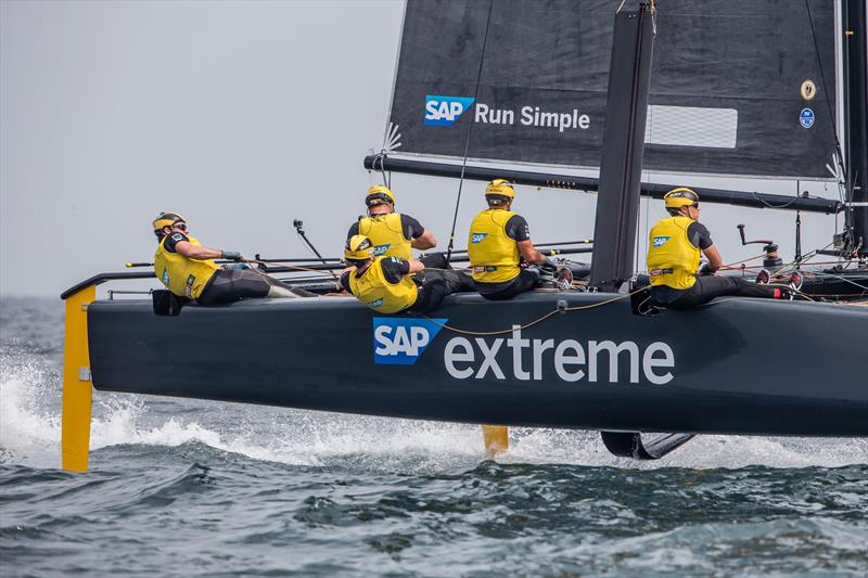 SAP Extreme Sailing Team was black flagged then won two races on day 2 of the GC32 Championship photo copyright Jesús Renedo / GC32 Championship Oman 2017 taken at Oman Sail and featuring the GC32 class