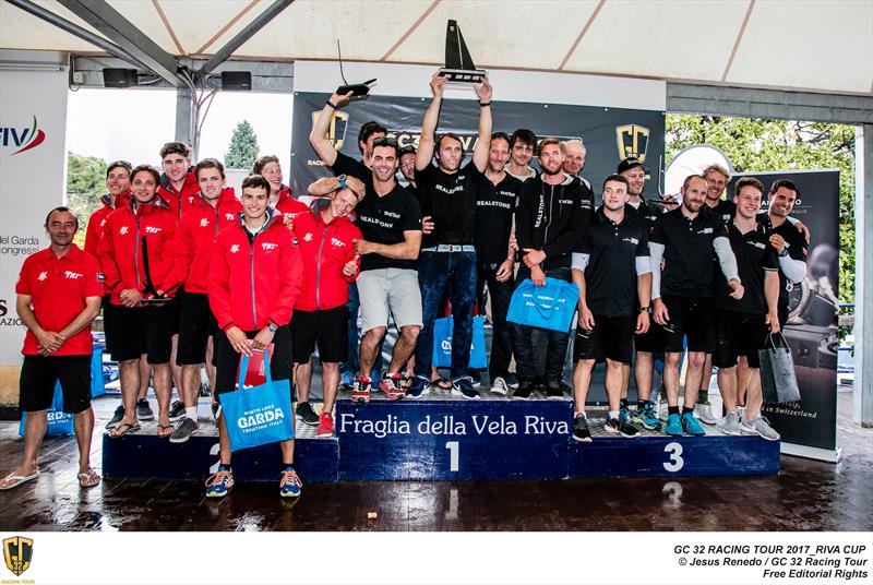 An all-Swiss podium: Team Tilt second (left), Realteam winner (centre) and ARMIN STROM Sailing Team third (right) at the GC32 Riva Cup photo copyright Jesus Renedo / GC32 Racing Tour taken at Fraglia Vela Riva and featuring the GC32 class