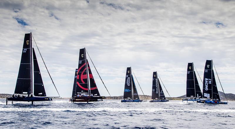 Close racing out of the fast reaching start, the most critical part of each race on the final day of the GC32 Villasimius Cup photo copyright Jesus Renedo / GC32 Racing Tour taken at  and featuring the GC32 class