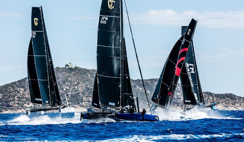 Getting to the first turning mark and the big bear-away manoeuvre on the final day of the GC32 Villasimius Cup photo copyright Jesus Renedo / GC32 Racing Tour taken at  and featuring the GC32 class