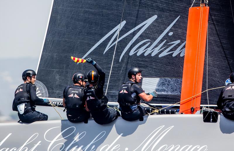 Pierre Casiraghi's Malizia - Yacht Club de Monaco crew call a protest on day 2 in the GC32 Racing Tour at the 36th Copa del Rey MAPFRE photo copyright Jesus Renedo / GC32 Racing Tour taken at  and featuring the GC32 class