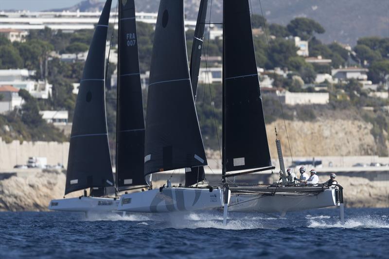 Argo chases Erik Maris' Zoulou on the Marseille One Design Practice Day photo copyright Gilles Martin-Raget / GC32 Racing Tour taken at  and featuring the GC32 class