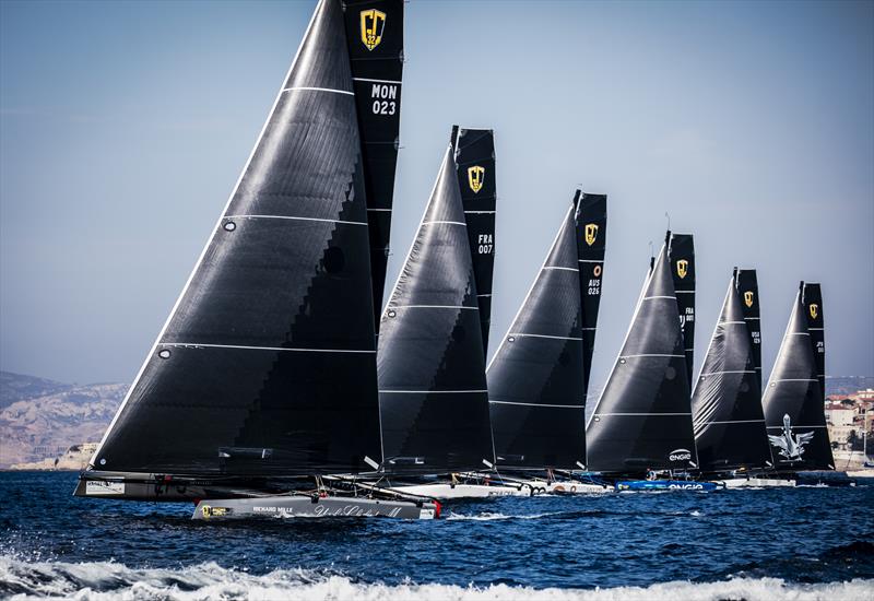Upwind start on day 1 of Marseille One Design photo copyright Jesus Renedo / GC32 Racing Tour taken at  and featuring the GC32 class