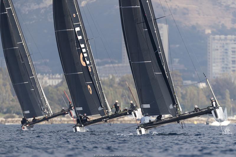 Different crew positioning techniques on day 3 of Marseille One Design photo copyright Gilles Martin-Rager / GC32 Racing Tour taken at  and featuring the GC32 class