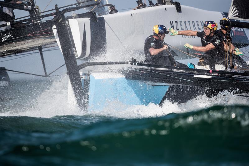 NZ Extreme Sailing Team colliding with Red Bull sailing team on day 3 of 2018 Extreme Sailing Series™ Act 1, Muscat photo copyright Lloyd Images taken at  and featuring the GC32 class