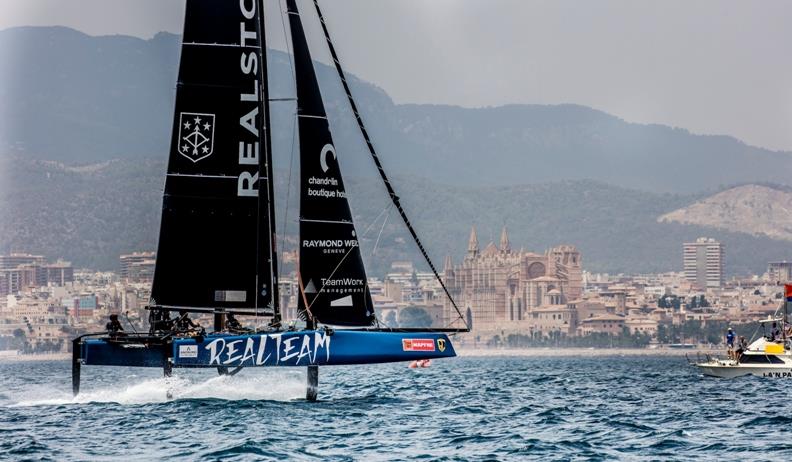 Realteam poses before the Cathedral of Santa Maria of Palma during Copa del Rey MAPFRE training photo copyright Jesus Renedo / GC32 Racing Tour taken at Real Club Náutico de Palma and featuring the GC32 class
