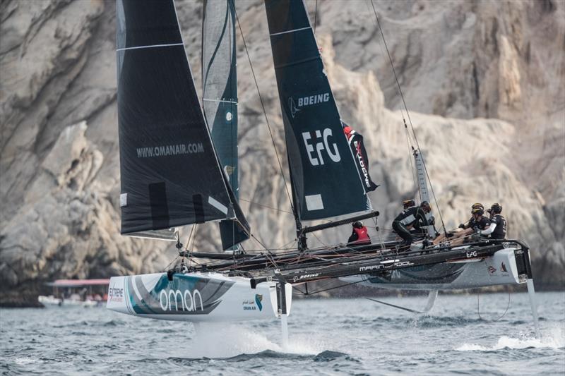 The 'Oman Air' race team shown in action close to the shore, skippered by Phil Robertson (NZL) with team mates Pete Greenhalgh (GBR), Ed Smyth (NZL/AUS), James Wierzbowski (AUS) and Nasser Al Mashari (OMA)during the Extreme Sailing Series on December 2 - photo © Lloyd Images