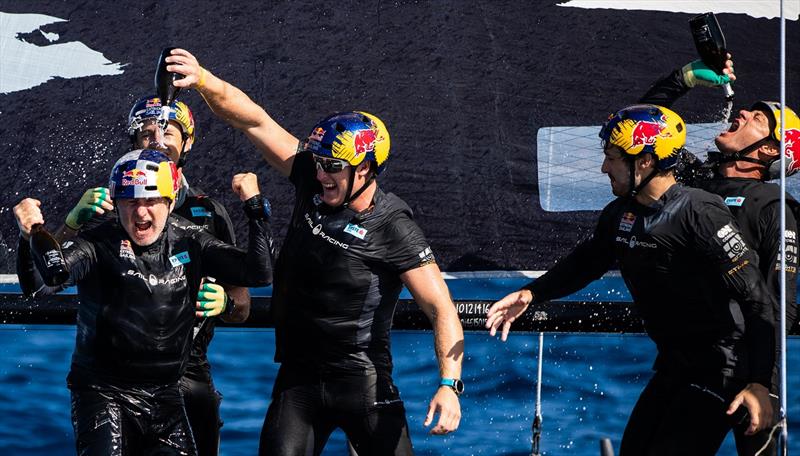 Celebrations on board Red Bull Sailing Team, as Hagara and Steinacher claim their first World Champion in 22 years - GC32 World Championship photo copyright GC32 Racing Tour / Sailing Energy taken at  and featuring the GC32 class