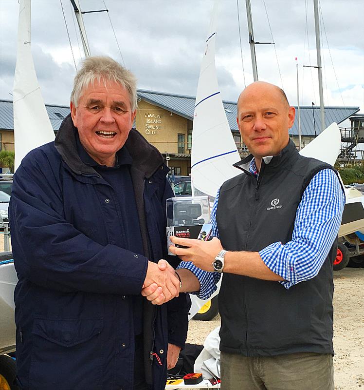 GJW Direct Business Development Manager, Glen Wallis (right) presents Lark sailor Chris Ellis with the Garmin Action Camera photo copyright GJW Direct taken at Hayling Island Sailing Club and featuring the  class