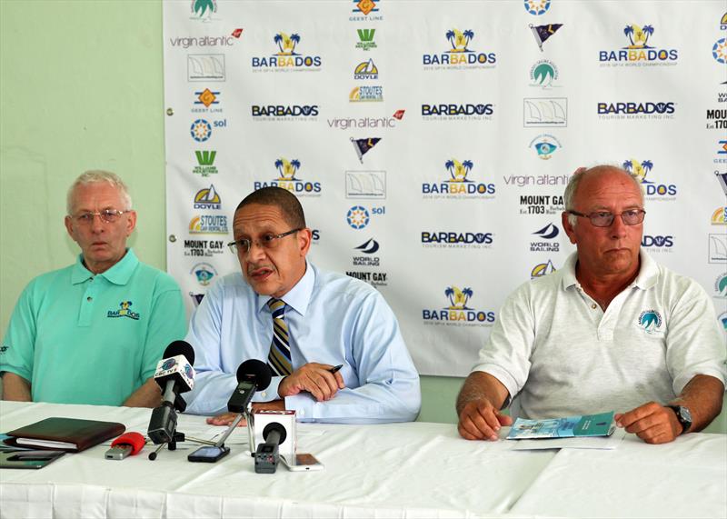 (l-r) Duncan Greenhalgh, GP14 President, William Griffith, Chief Executive Officer of the Barbados Tourism Marketing Inc., Gus Reader, President of the Barbados Sailing Association photo copyright Peter Marshall taken at Barbados Yacht Club and featuring the GP14 class