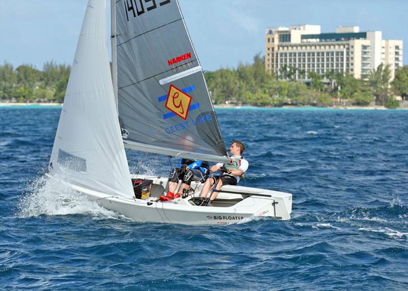 West System Race 1 winners Matt Burge and Paul Childs on day 1 of the GP14 World Championships in Barbados photo copyright Peter Marshall taken at Barbados Yacht Club and featuring the GP14 class