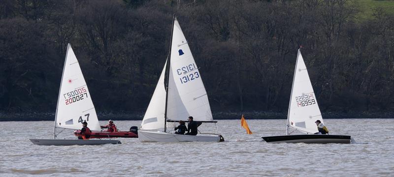 Easter Eggstravaganza in Kippford: The GP14 of James Bishop and Noa Crowley splits the cadets, Toby Iglehart (200027) and James Colbeck (146959) photo copyright Margaret Purkis taken at Solway Yacht Club and featuring the GP14 class