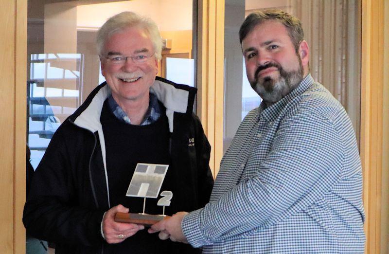 Ian Dawson receives the trophy from PRO Neil O'Leary - Hadron H2 Inland Championships at Queen Mary photo copyright Keith Callaghan taken at Queen Mary Sailing Club and featuring the Hadron H2 class
