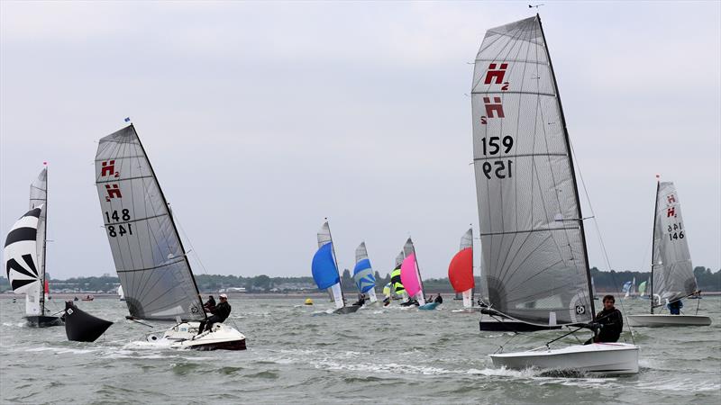 Josh Hamer leads Dave Barker at the leeward mark in the first race during the Brightlingsea Hadron H2 Open photo copyright Keith Callaghan taken at Brightlingsea Sailing Club and featuring the Hadron H2 class