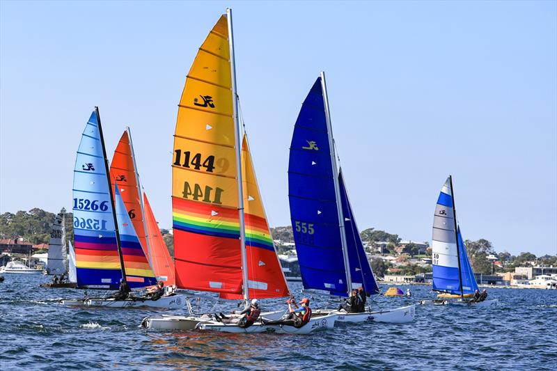 Div3 Multihull start on Zhik Combined High Schools (CHS) Sailing Championships Day 1 photo copyright Red Hot Shotz Sports Photography / Chris Munro taken at Belmont 16ft Sailing Club and featuring the Hobie 18 class