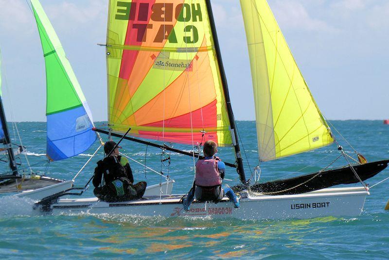 Luke Paxton Garnier and Thomas Allo on their Hobie Dragoon, Usain boat, in the RCIYC Hobie Fleets Love Wine 'Summer Breeze' Series 2020 photo copyright Elaine Burgis taken at Royal Channel Islands Yacht Club and featuring the Hobie Dragoon class