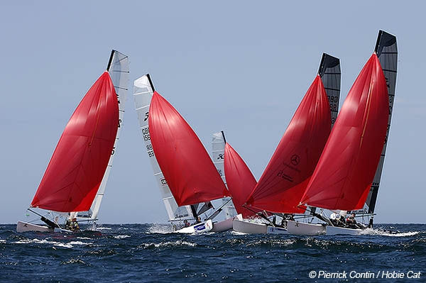 The fleet head downwind on the final day of the Hobie Tiger Worlds 2006 at Cangas, Spain photo copyright Pierrick Contin taken at  and featuring the Hobie Tiger class