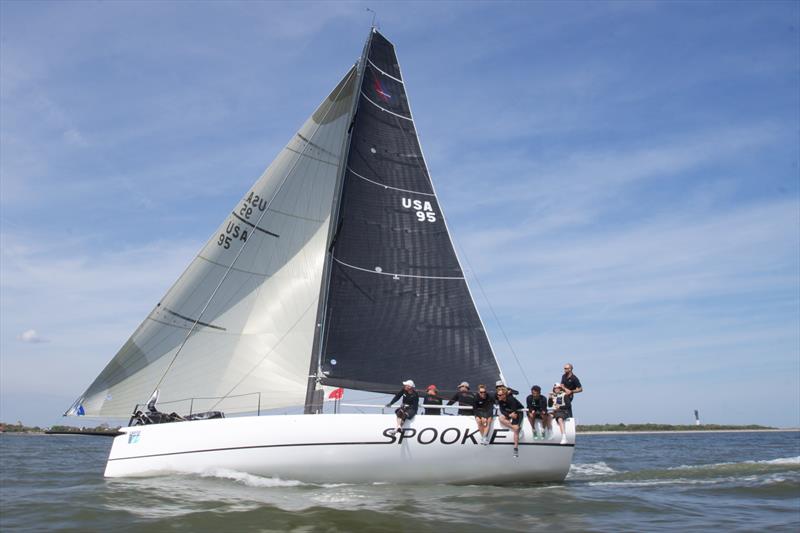 Olympic medalist Steve Benjamin's all carbon-fiber 40-footer 'Spookie' (Norwalk, CT) flies past Sullivan's Island on day 1 at 2014 Sperry-Top Sider Charleston Race Week photo copyright Meredith Block / 2014 Sperry-Top Sider Charleston Race Week taken at Charleston Yacht Club and featuring the HPR class