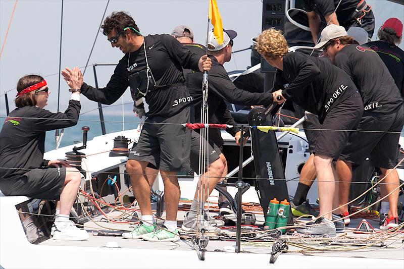 Navigator Bora Gulari and Tactician Heidi Benjamin trade high fives after their sixth straight win in the HPR Class aboard the Carkeek 40 Spookie on day 2 at 2014 Sperry-Top Sider Charleston Race Week - photo © Meredith Block / 2014 Sperry Top-Sider Charleston Race Week