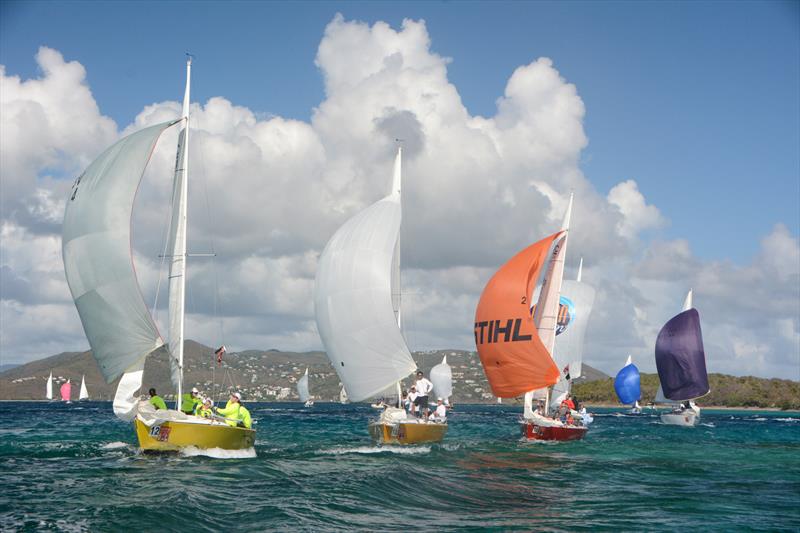 The IC24 Class makes a spectacular and spectator-friendly last-race finish in Cowpet Bay on day 3 of the 41st St. Thomas International Regatta photo copyright Dean Barnes taken at St. Thomas Yacht Club and featuring the IC24 class