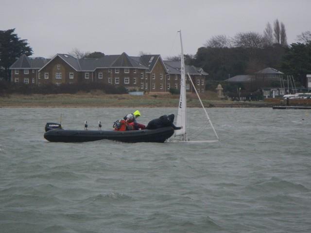 Safety RIB helping Mike Toogood bail out on Saturday during the Bembridge Illusions Icebreaker photo copyright Mike Samuelson taken at Bembridge Sailing Club and featuring the Illusion class