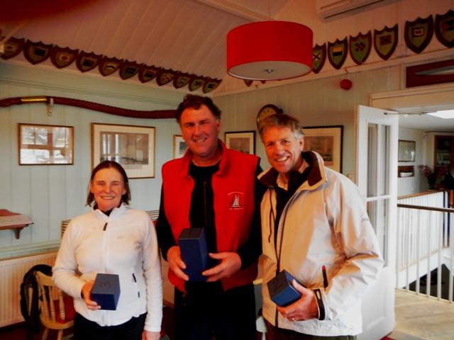 Julia Bailey (3rd), Mark Downer (1st) & Bruce Huber (2nd) in Piers' January Jacket Illusion event at Bembridge - photo © Mike Samuelson