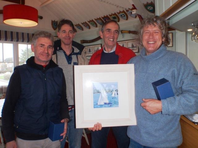 Bembridge Illusion Flying Dutchman Trophy Prizegiving (Rupert Holmes (3rd), Rudy Jurg (donor of the new Trophy), Raymond Simonds (2nd), James Meaning (1st) photo copyright Kass Schmitt taken at Bembridge Sailing Club and featuring the Illusion class