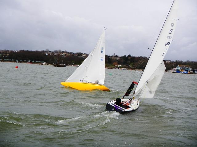 Xander Shaw ahead of Rupert Holmes in their first quarter final race at the Bembridge Illusions Match Racing photo copyright Mike Samuelson taken at Bembridge Sailing Club and featuring the Illusion class